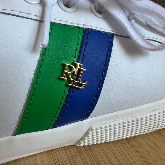 Lauren Ralph Lauren Jason II White Cow Leather Sneakers Blue/Green Stripes US8 - Picture 14 of 15